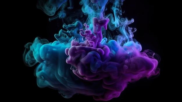 Abstract background with colourful smoke waves in purple and blue colors Acrylic or watercolor paint drop in water effect at dark backdrop Horizontal illustration for banner design Generative AI