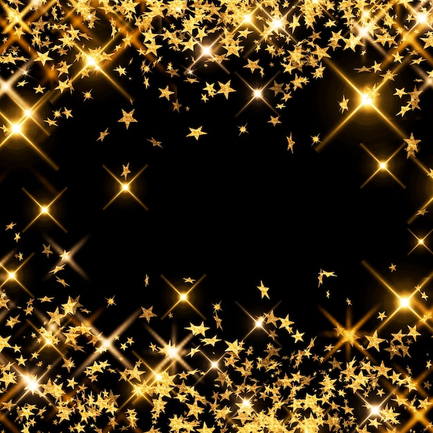 Photo abstract background with confetti falling stars made of gold foil, gold stars on black glitter background