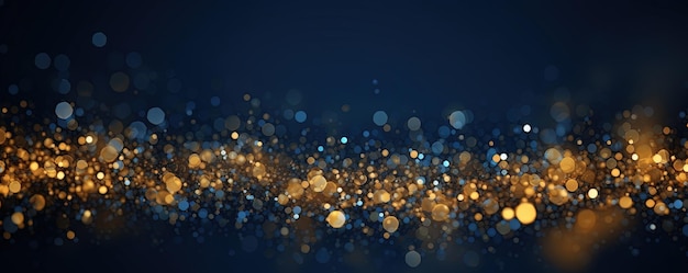 Photo abstract background with dark blue and gold particle christmas golden light shine particles bokeh on navy blue background gold foil texture