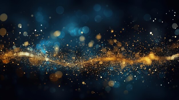 Abstract background with dark blue and gold particles golden Christmas light particles shine bokeh on a dark blue background gold foil texture concept