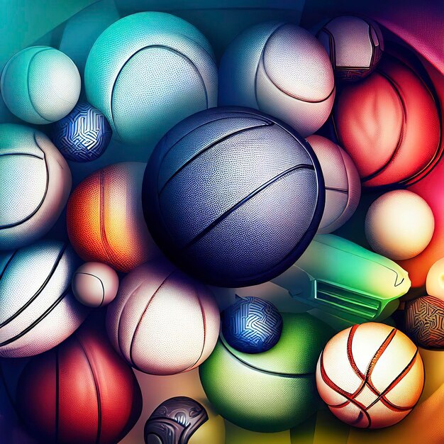 Abstract background with different types of sport balls used in the sports of basketball baseball tennis golf soccer volleyball rugby american football and badminton