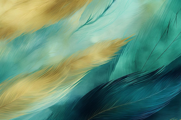 파란색 녹색의 깃털 패턴 그라디언트 및 텍스처 디지털 페인팅이 있는 추상 배경 및 이동