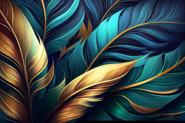 Abstract background with feather pattern gradients and texture digital painting in blue green and gold colours Generative AI