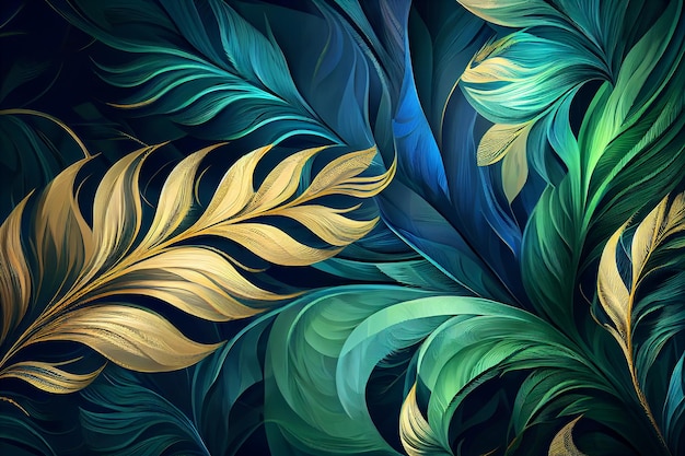 Photo abstract background with feather pattern gradients and texture digital painting in blue green and gold colours generative ai