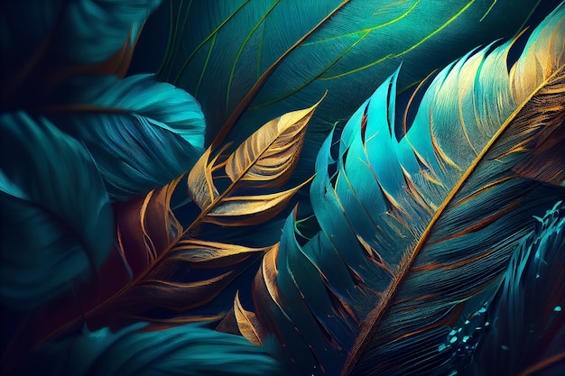Абстрактный фон с градиентами рисунка перьев и текстурной цифровой живописью в сине-зеленых и золотых тонах Generative AI