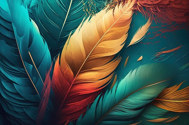 Abstract background with feather pattern gradients and texture digital painting in blue green and gold red teal orange colors created with generative AI