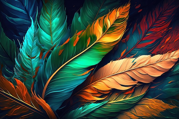 Abstract background with feather pattern gradients and texture digital painting in blue green and gold red teal orange colors created with generative AI