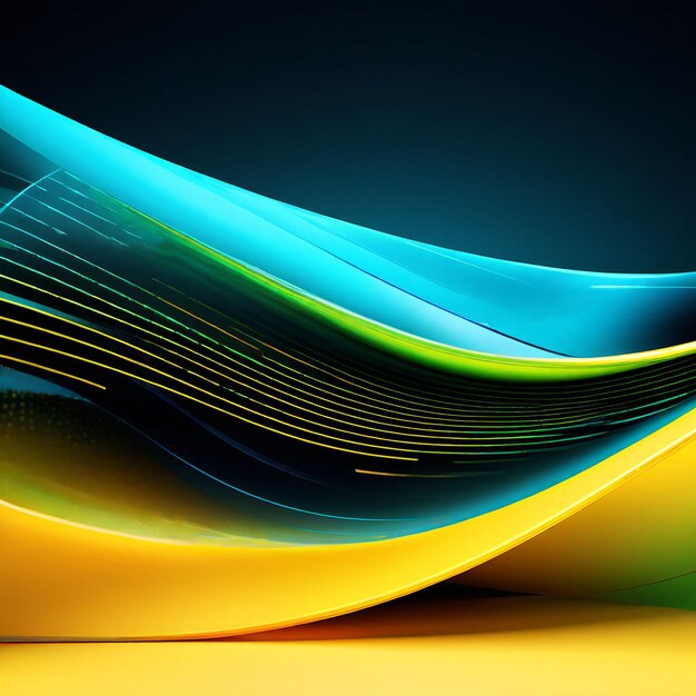 Abstract background with geometric shapes and bright lines in shades of yellow green and blue this