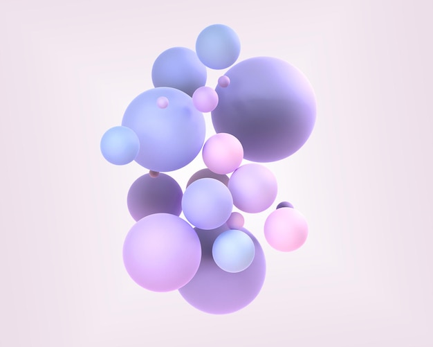 Abstract background with geometric spheres 3d render Holographic balls with gradient texture colorful composition of flying purple pink blue circle balloons on beige backdrop