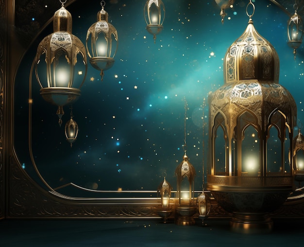 abstract background with glowing lanterns in oriental style on a dark blue background ramadan