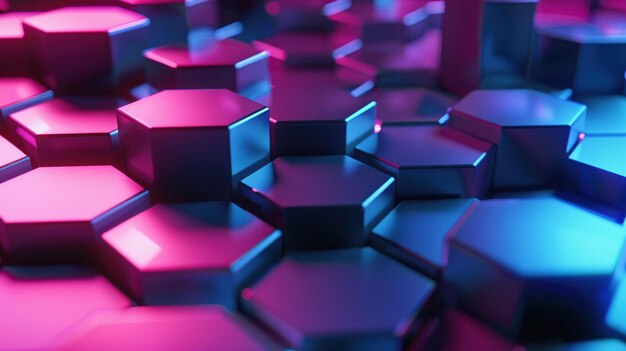 Abstract background with glowing neon hexagonal shapes in blue and pink hues