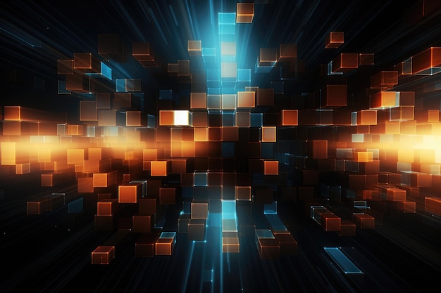 Абстрактный фон с светящимися квадратами 3D рендеринг компьютерное изображение Цифровой абстрактный фон Может использоваться для технологических процессов ИИ