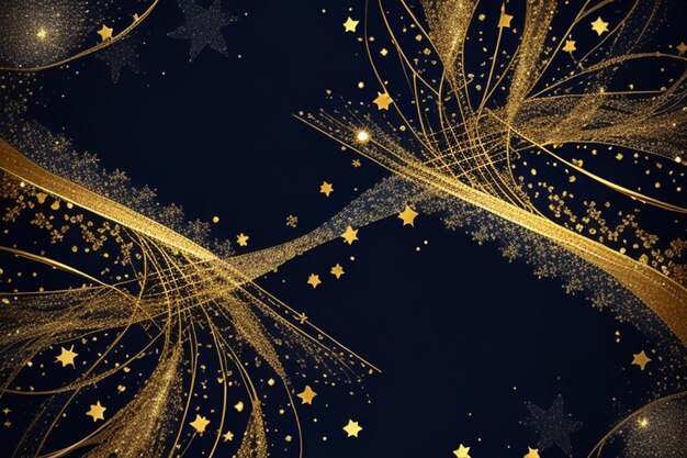 Abstract background with gold stars particles and sparkling on navy blue Gold foil texture