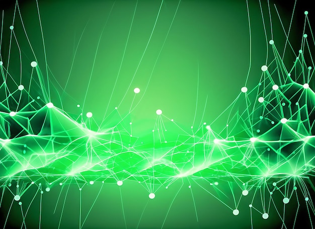 Абстрактный фон с зелеными движущимися линиями и точками Сетевое соединение Интернет-соединение