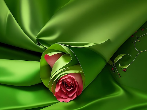 abstract background with green silk cloth and rose buds ai generative