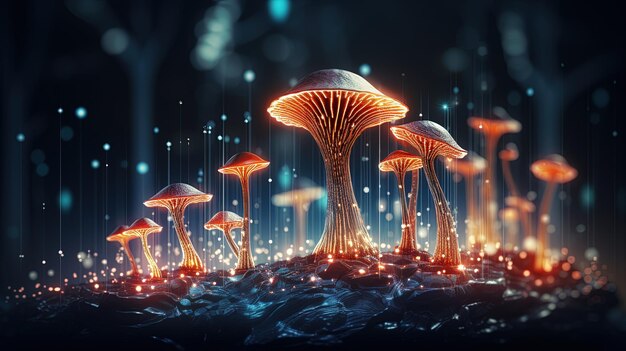 Abstract background with a growing digital mushroom Machine learning and big data array visual concept Generative AI