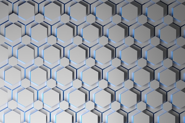 Abstract background with layers of white repeating hexagons with blue edges. 