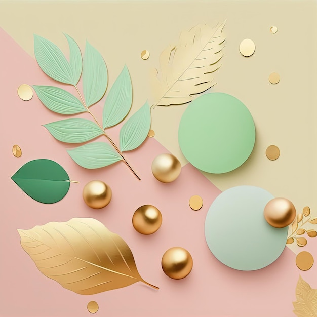 Abstract background with leaves and geometric shapes pink green and gold colors 3D