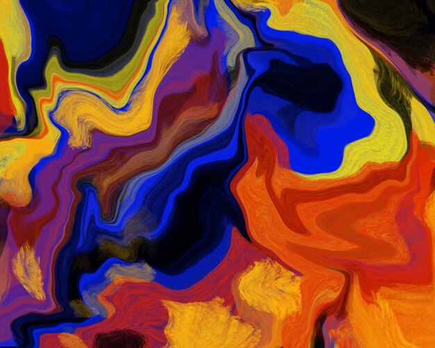 Abstract background with marble acrylic painting effect. Colored texture pattern for design in blue, black, red, yellow, orange colors.