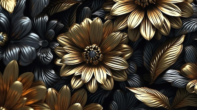 Abstract background with metallic golden and black daisy flowers in close up view Luxury filigree metal floral decoration modern wallpaper Horizontal illustration for banner design Generative AI