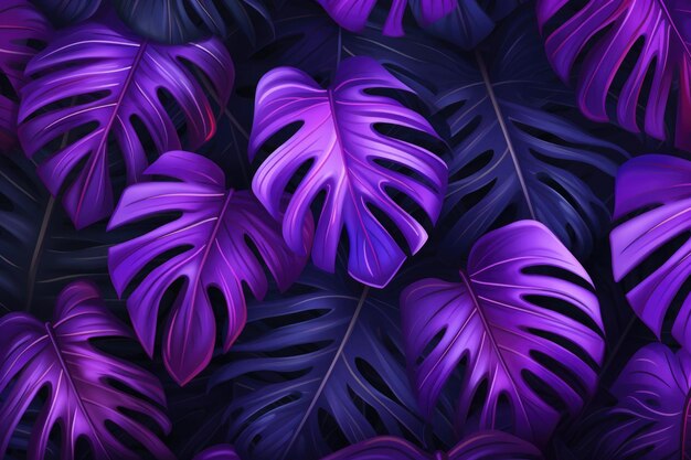 Abstract background with neon colored monstera leaves Tropical exotic plants with ultraviolet lighting