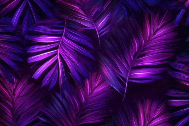 Abstract background with neon colored palm leaves Tropical exotic plants with ultraviolet lighting