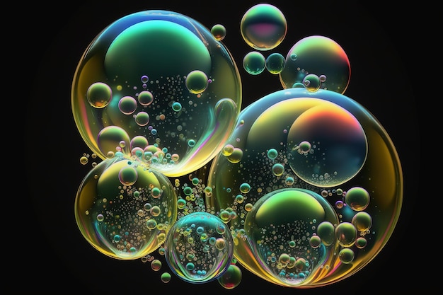 Абстрактный фон с неоновыми мыльными пузырями радужного цвета радужными сферами на черном фонеGenerative AI