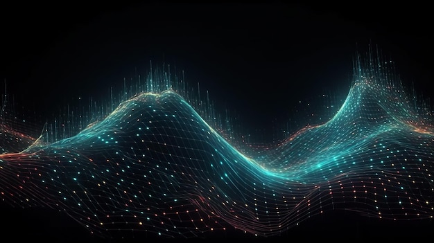 Абстрактный фон с сетевыми волнами и светящимися частицами, точками и линиями. Футуристическая цифровая структура с соединением на темном фоне. Горизонтальная иллюстрация для дизайна баннера. Генеративный искусственный интеллект.