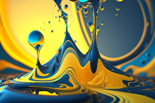 Abstract background with oil drops on water yellow with blue Generative AI