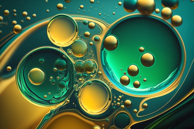 Abstract background with oil drops on water yellow with green Generative AI