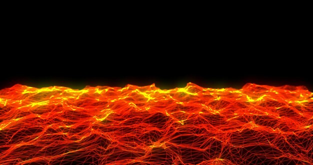 Abstract background with orange fiery waves and lines from triangles and points of energy magical