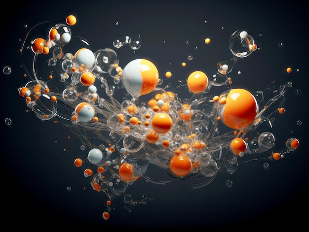 물 속에 주황색과 흰색 공이 있는 추상 배경 생성 AI
