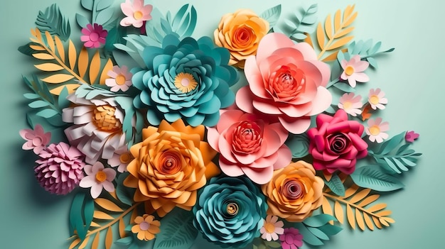 Abstract background with paper flowers and leaves in quilling style Spring papercraft handmade decoration wallpaper with blooming bouquet Horizontal illustration for banner design Generative AI