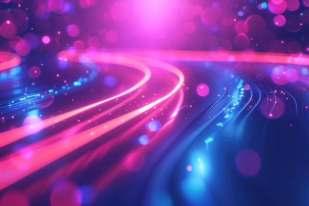 Abstract background with pink blue glowing neon lines and bokeh lights Data transfer concept