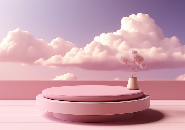 抽象的な背景にピンクの表彰台と雲、モックアップ製品の展示用の最小限の夏のシーンシーン、美容化粧品の配置台座、現在のAIジェネレーティブ