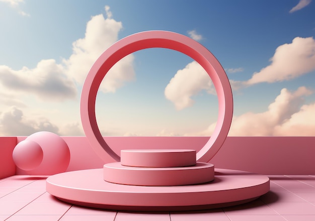 абстрактный фон с розовым подиумом и облаком минимальная сцена летней сцены для демонстрации макета продукта Пьедестал размещения косметической продукции красоты AI Generative