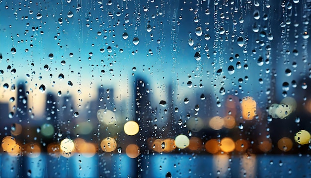 窓ガラスの上の雨の滴の抽象的な背景 夜の街が光でぼんやりしている