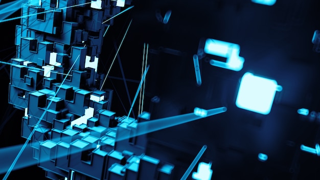 Абстрактный фон со случайными квадратными и прямоугольными формами. Концепция подключения. Яркий сегмент. Деталь 3D визуализации с глубиной резкости.