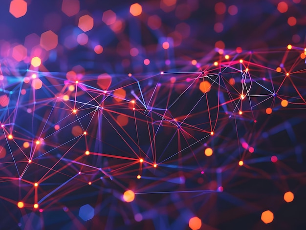abstract background with red and blue lines and glowing dots