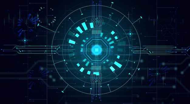 Abstract background with shapes connections and a chip on a blue background Artificial intelligence training concept