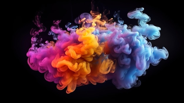 Абстрактный фон с волнами дыма, облаками, смешивающими цвета на темном фоне. Акриловая капля в воде и радужные чернила, кружащиеся под водой. Горизонтальная иллюстрация для дизайна баннера. Генеративный искусственный интеллект.