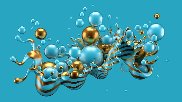 Abstract background with splash and ball.&#xA;3d illustration, 3d rendering.