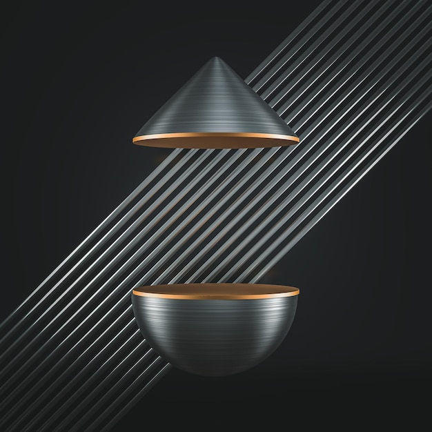Abstract background with steel and gold hemisphere and cone