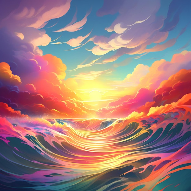 写真 抽象的な背景 嵐の色彩の波と太陽の光のイラスト