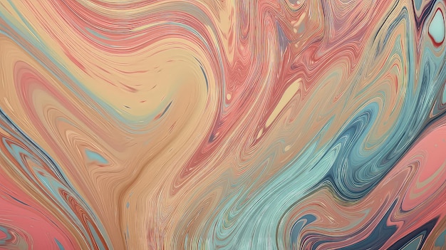 Абстрактный фон с закрученными жидкими узорами, представляющий собой сочетание смелых и нежных цветов, которые создают ощущение глубины и сложности. Создано с помощью ИИ.
