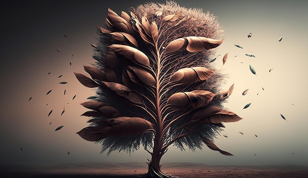 Photo abstract background with tree and feather created with generative ai technology