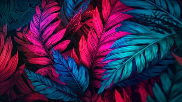 Abstract background with tropical leaves in magenta and azure Generative AI