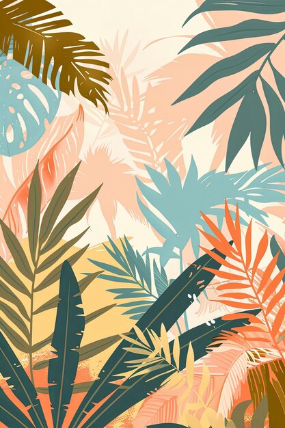 Abstract background with tropical trees and leaves of palm monstera in warm colors