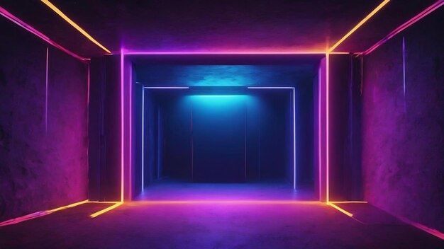 Abstract background with ultraviolet neon lights empty frame cosmic landscape glowing tunnel door