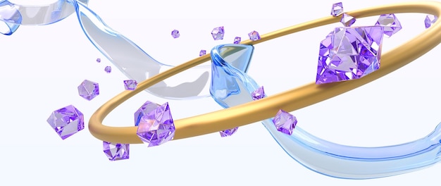 波ガラス リボン ゴールド ラウンド フレームと紫の宝石の 3 d レンダリングと抽象的な背景水流金属リングと宝石の結晶やダイヤモンドで幾何学的な構成を飛んで
